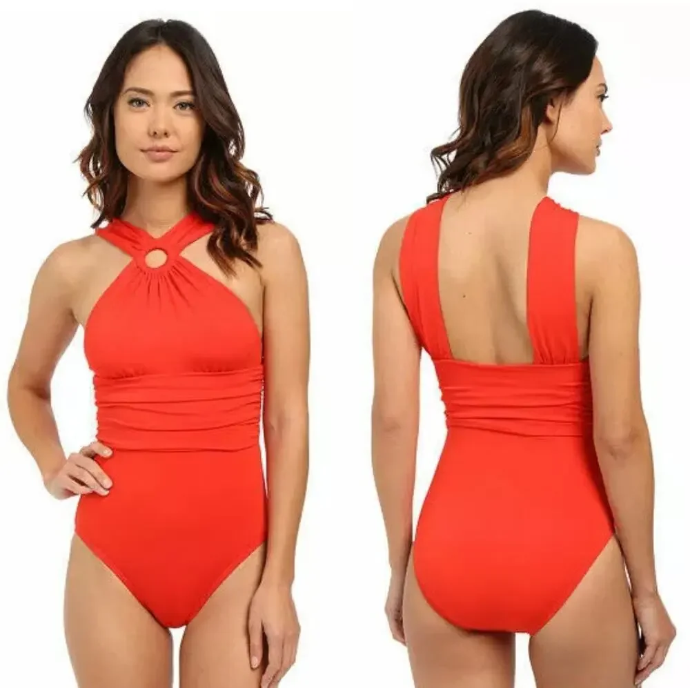 NWOT Michael Kors One Piece Bathing Suit Red Drapey High Neck Swimsuit Size XS